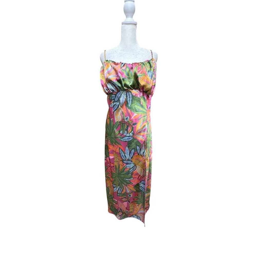 H&M Tropical Leaf Print Midi Dress XL Pink Green Strappy Open Back
